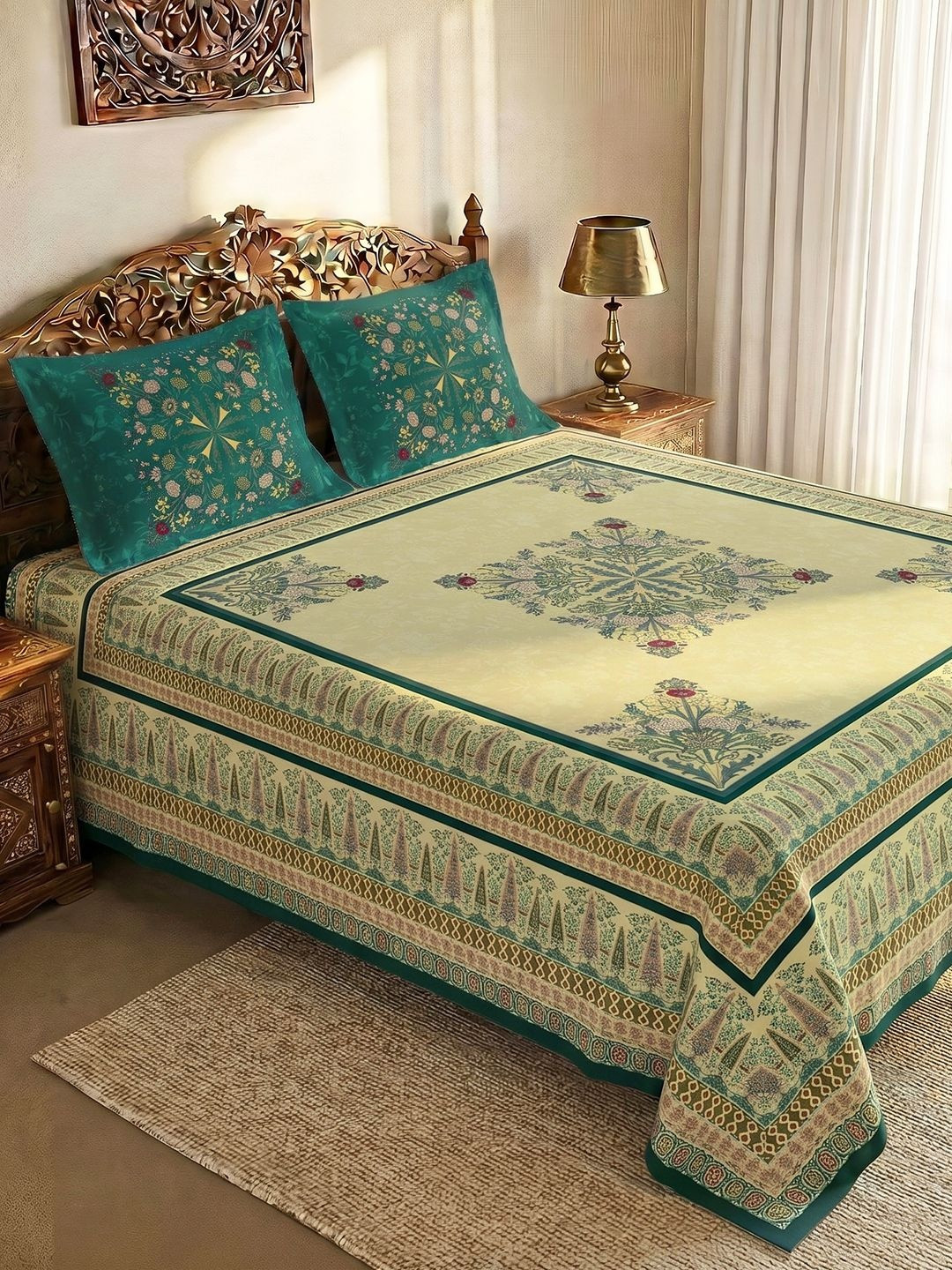 Story@home Yellow & Green Ethnic Motifs Bedsheet with 2 Pillow Covers