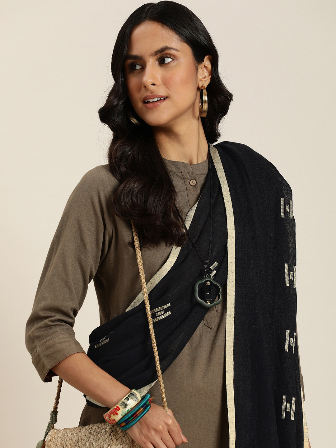Taavi Woven Design Linen Blend Handloom Dupatta