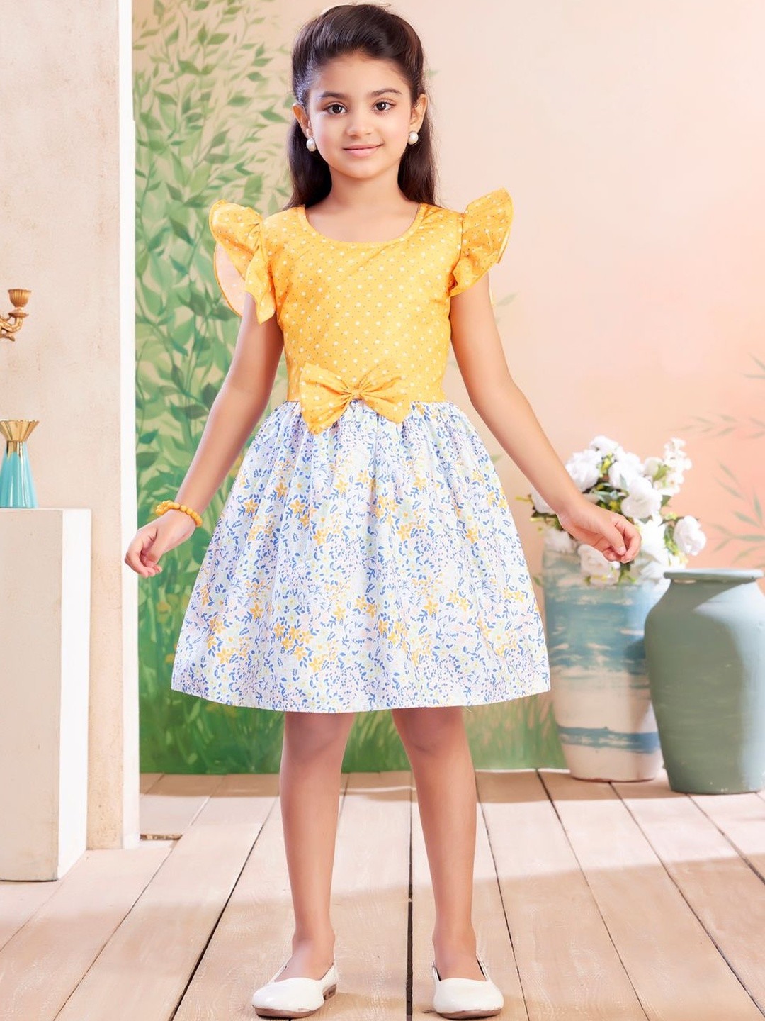 Aarika Girls Floral Print Flutter Sleeve Fit & Flare Dress