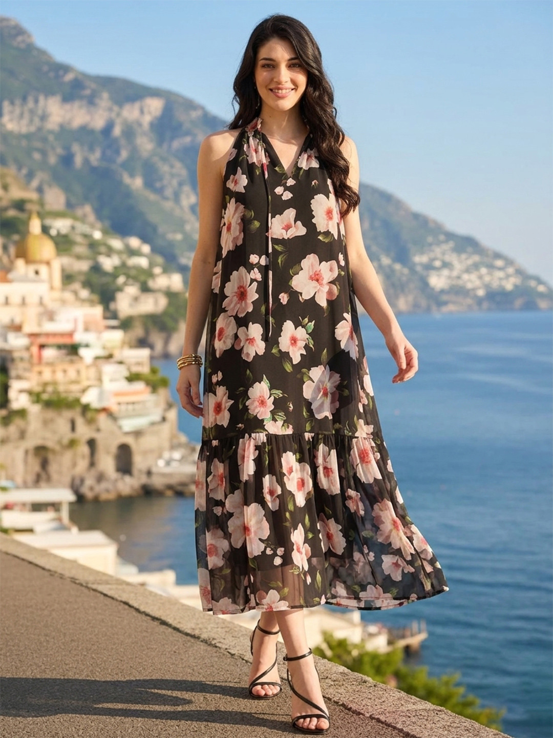 KUSHNI Floral Print Halter Neck Chiffon Midi Dress