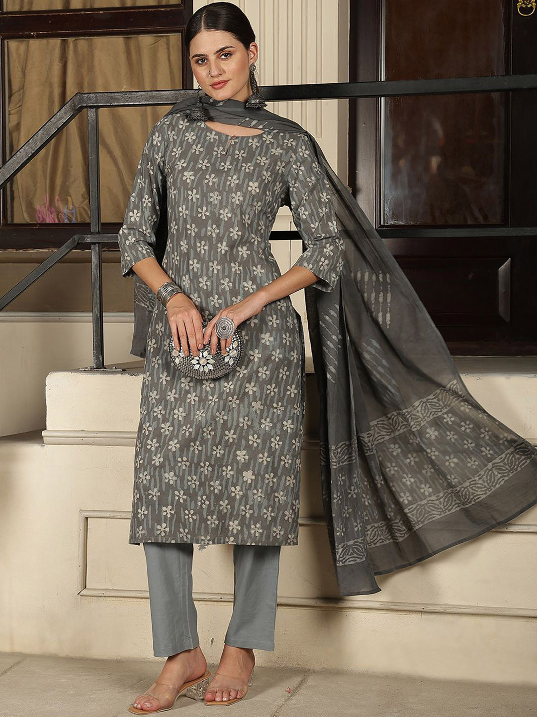 Taavi Floral Printed Keyhole Neck Pure Cotton Dabu Kurta & Trousers With Dupatta
