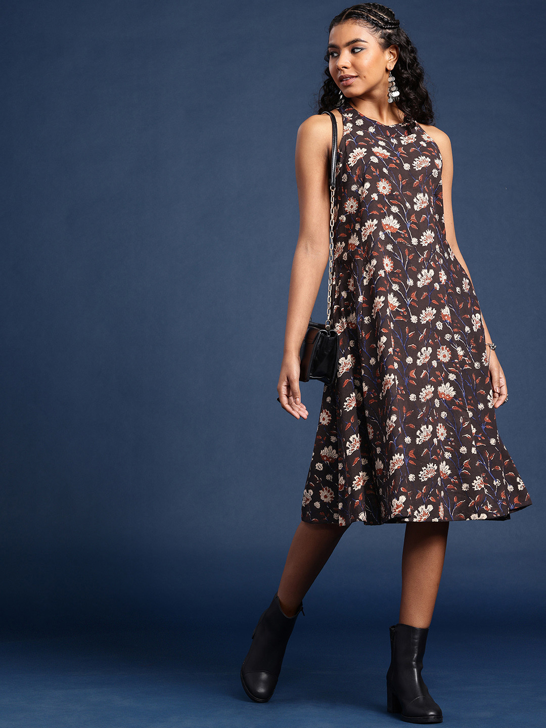Taavi Pure Cotton Floral Printed Sleeveless A-Line Bagru Dress