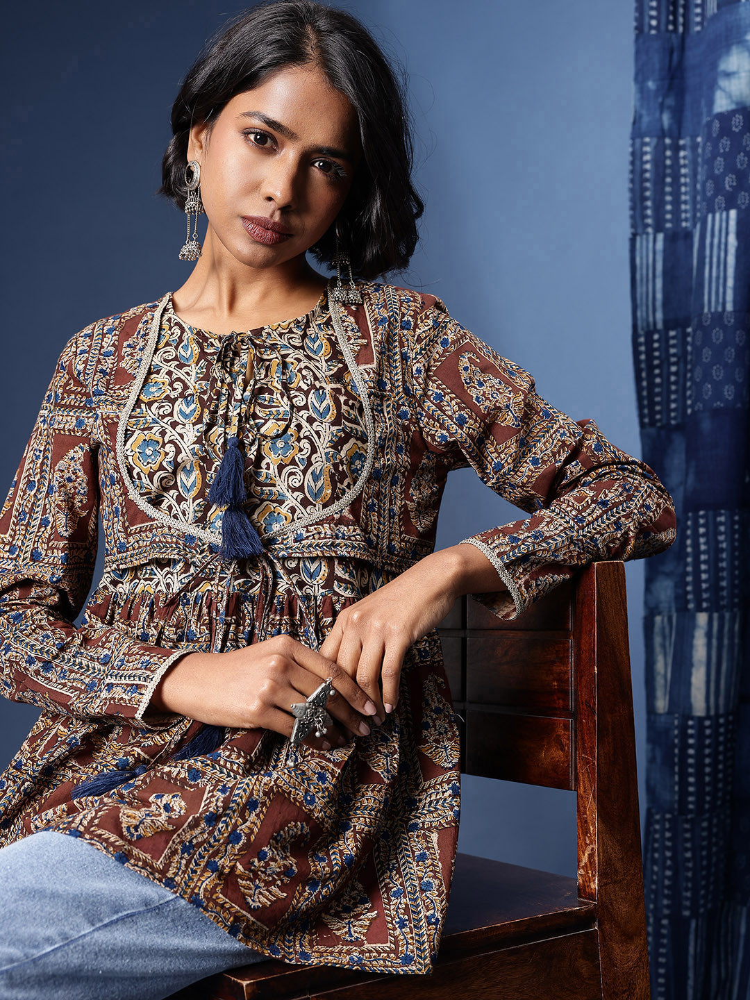 Taavi Kalamkari Indie Ethnic Motifs Printed Pure Cotton A-Line Top