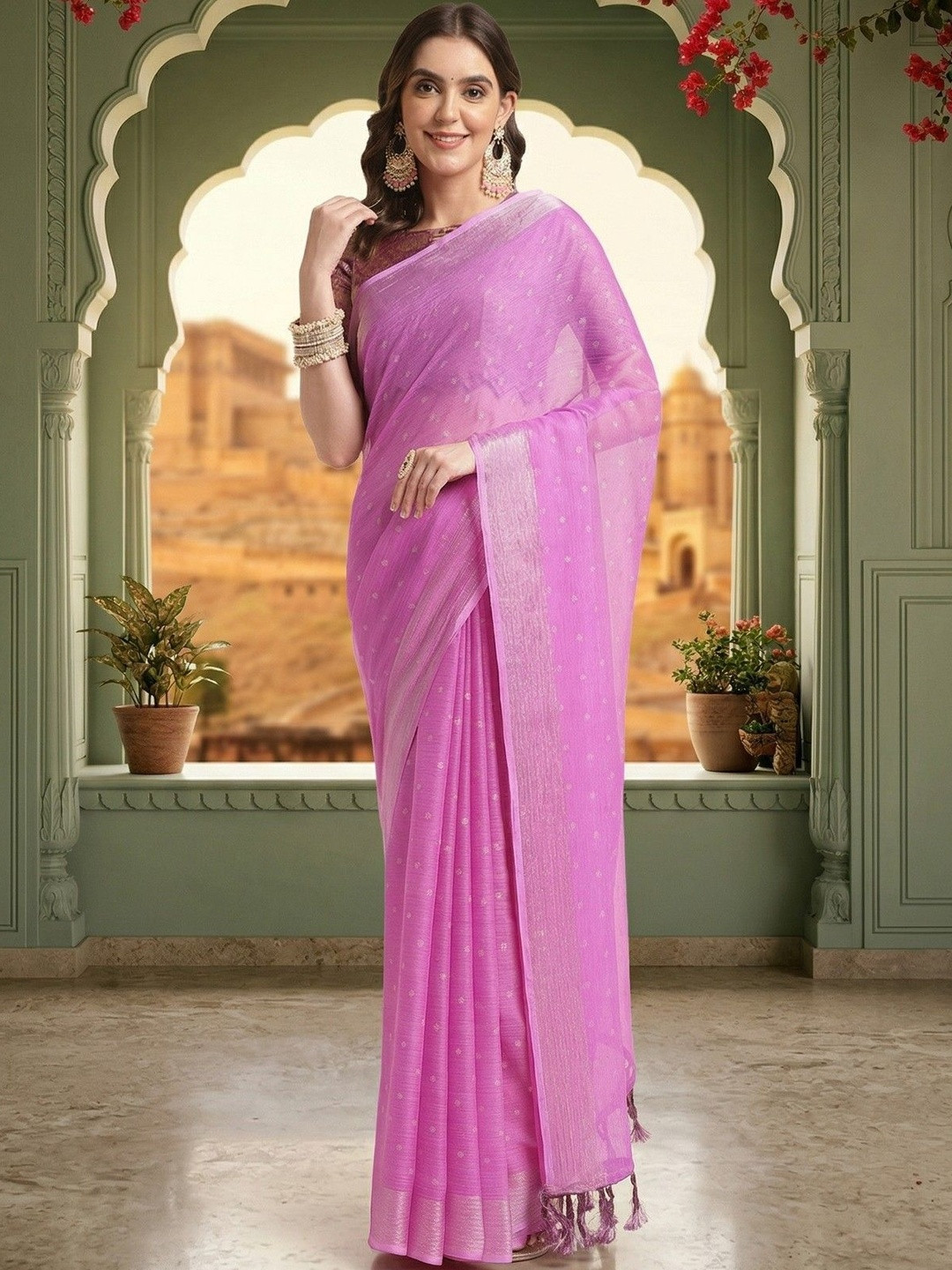 all about you Woven Design Poly Chiffon Saree