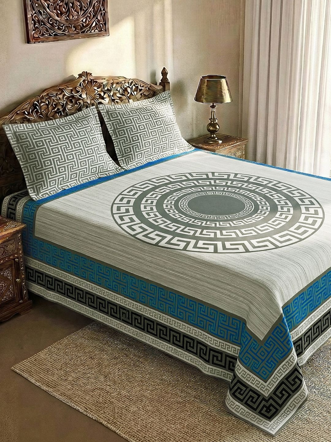 Story@home Grey & Blue Ethnic Motifs Bedsheet with 2 Pillow Covers