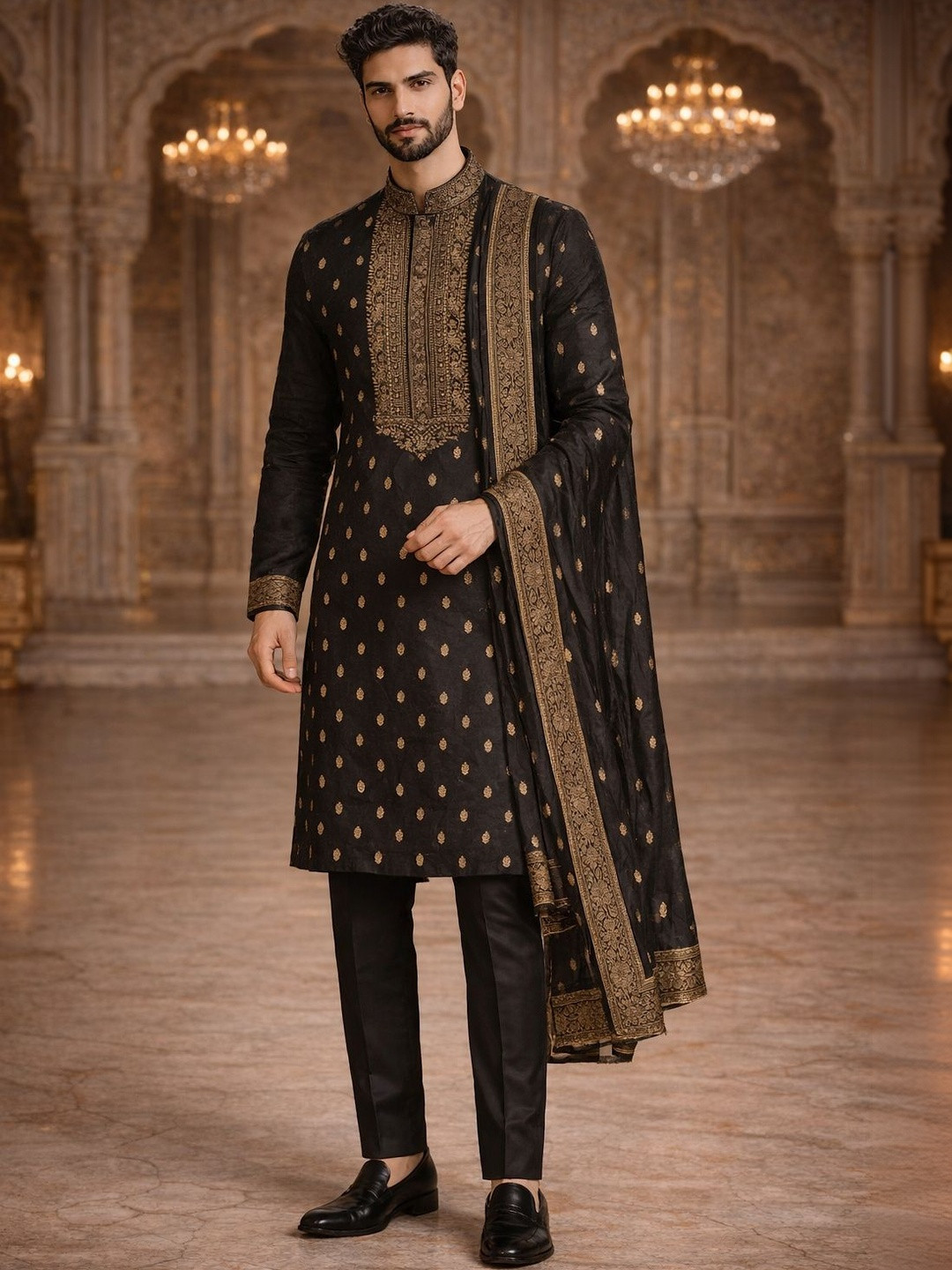 House of Pataudi Embroidered Mandarin Collar Kurta & Pyjamas With Dupatta