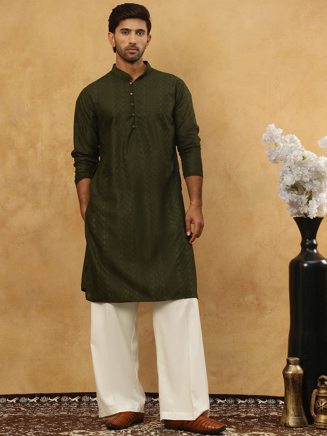 Jompers Embroidered Chikankari Cotton Kurta with Korean Pants - Image 1