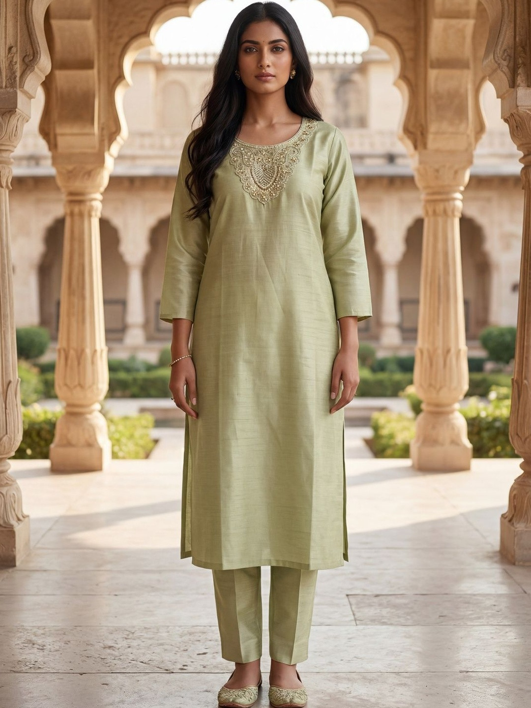 SDK FASHION Women Floral Yoke Design Regular Sequinned Kurta with Trousers