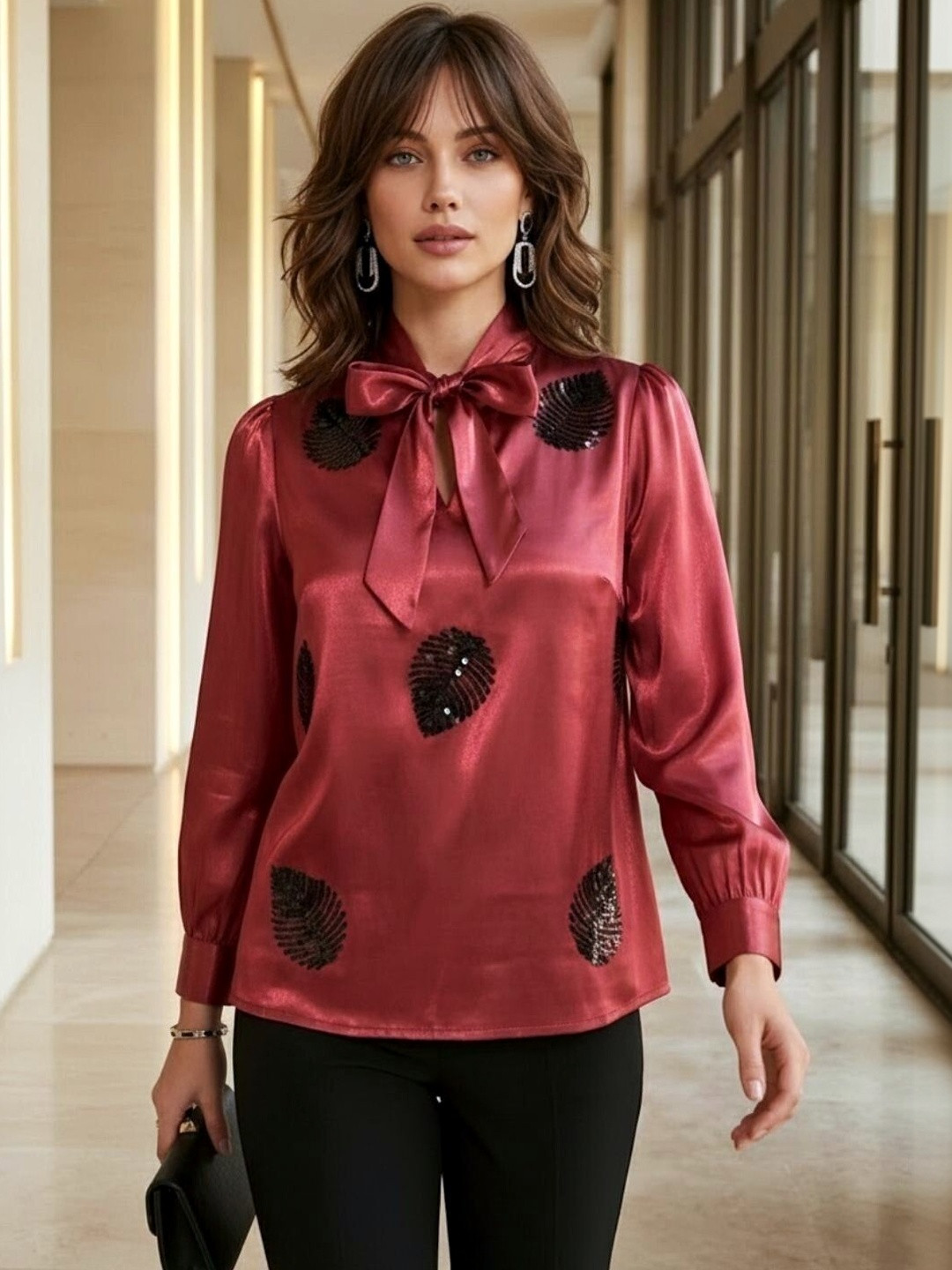 Dora Dori Embellished Tie-Up Neck Top