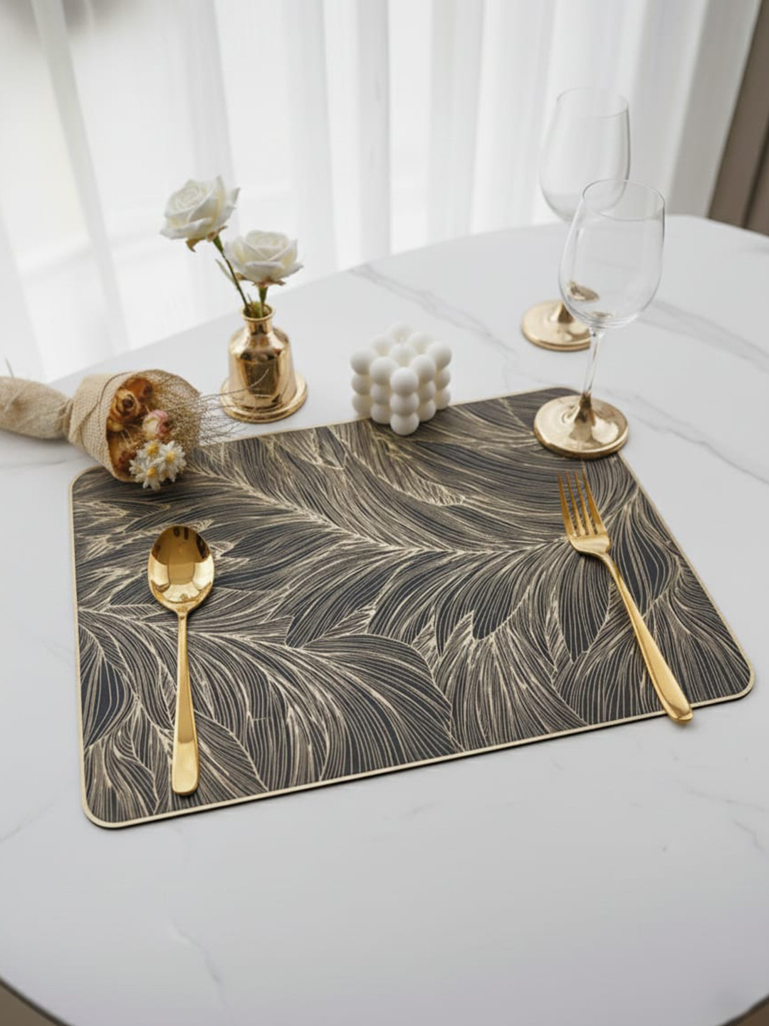 RAINBOW FURNISHINGS Set Of 6 Yellow & Black Textured Waterproof Square Table Placemats