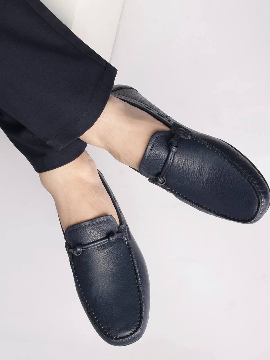 RARE RABBIT Men Navy Leather Slip-On Embellished Loafers