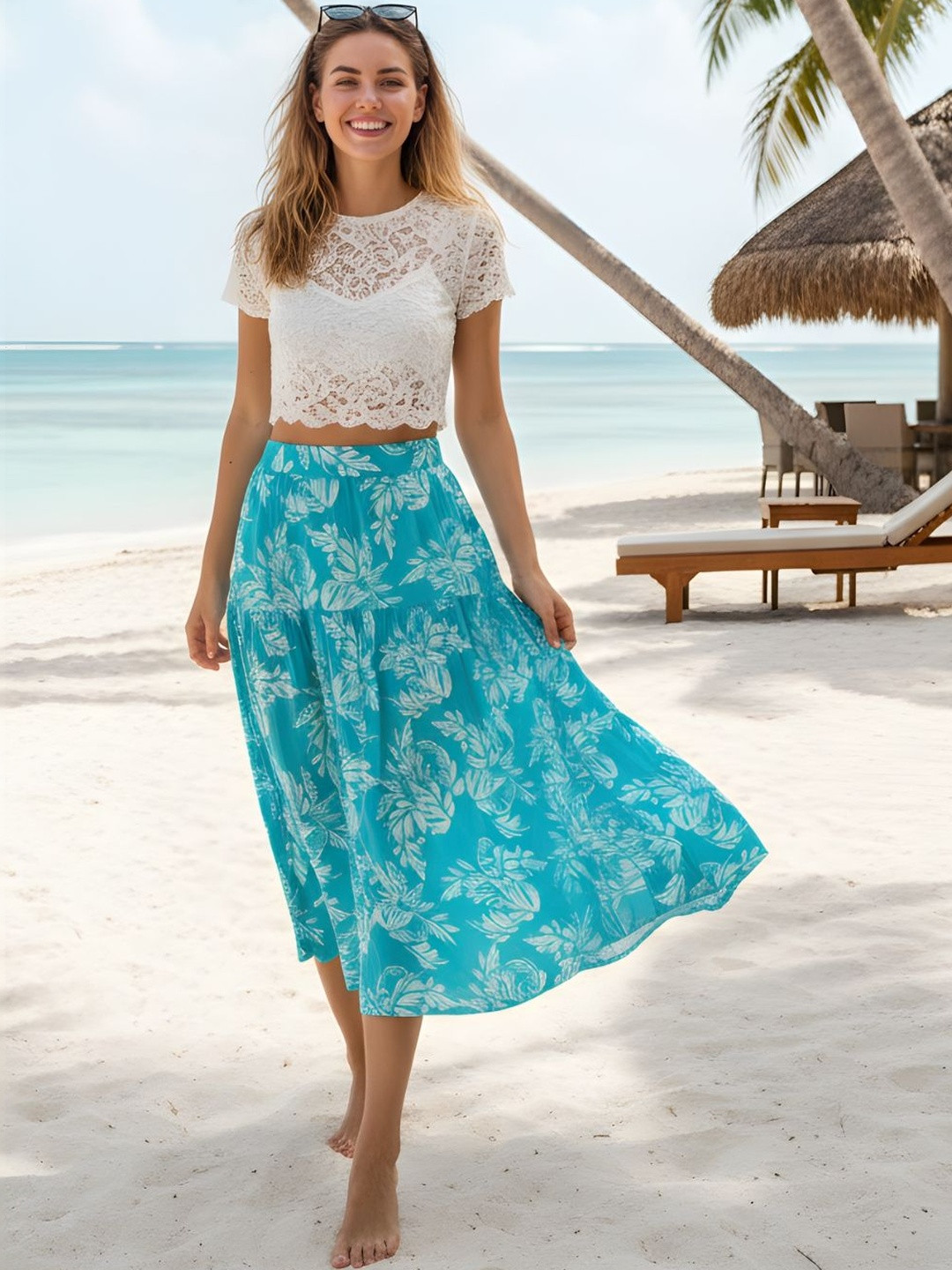 Sera Women Floral Tropical Midi Flared Skirt
