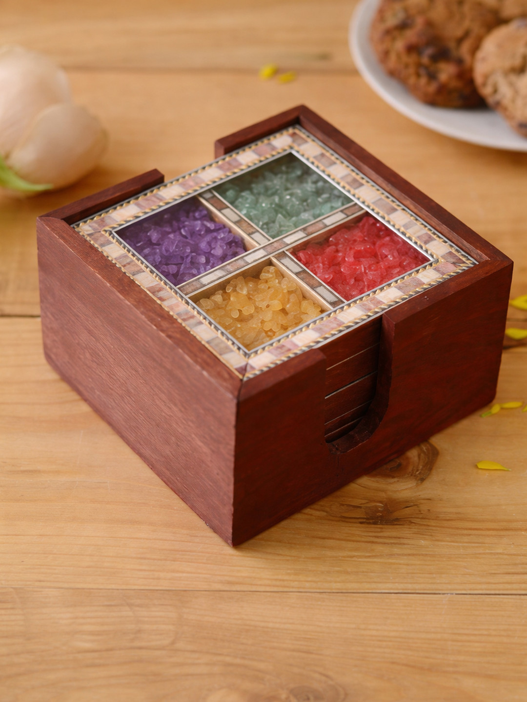 CRAFTAM Gems Stone and Wooden Tea Coasters for Dining Table - 4 pieces & 1 Holder Set