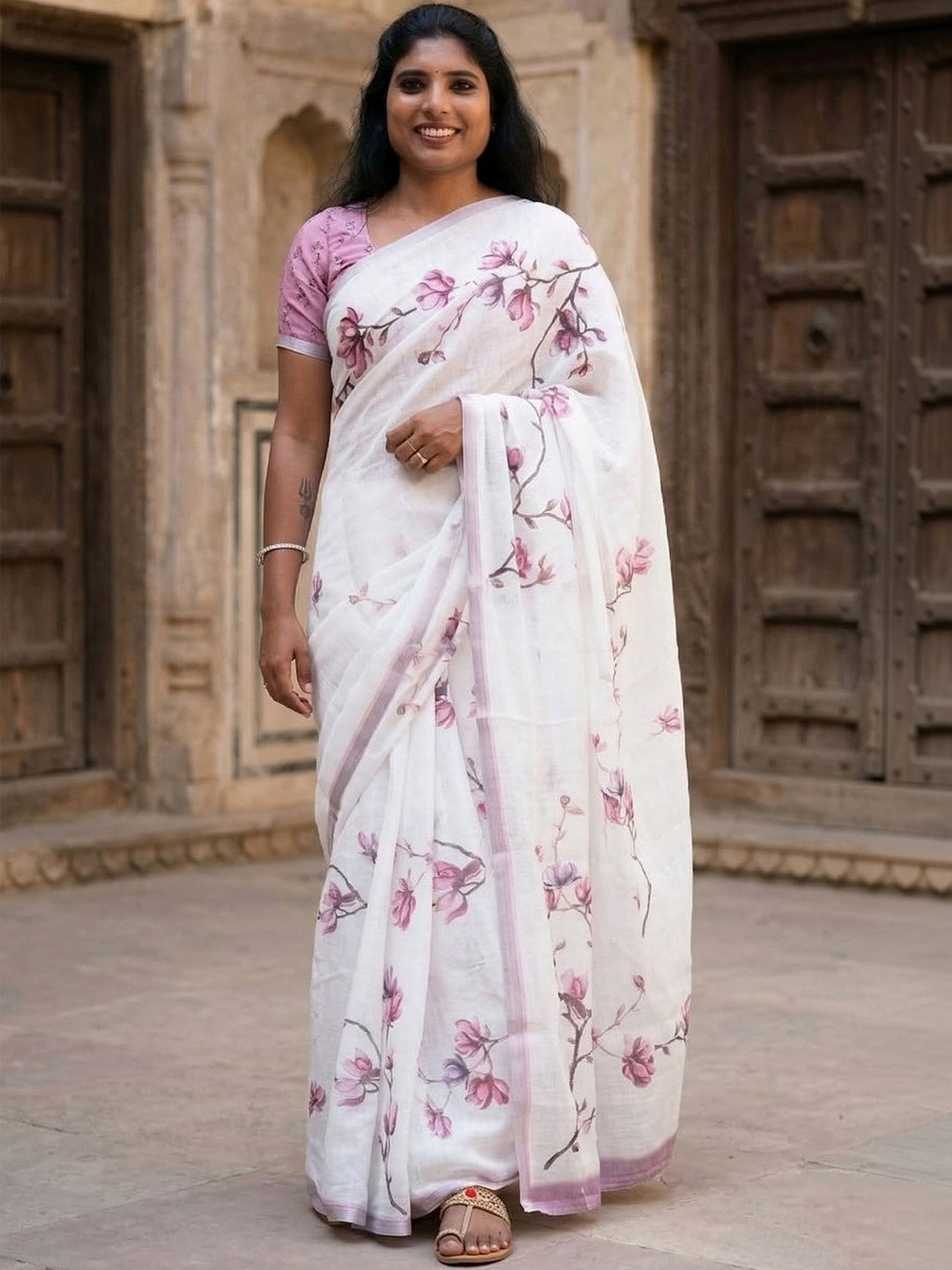 Moda Rapido Floral Linen Blend Handloom Block Print Saree