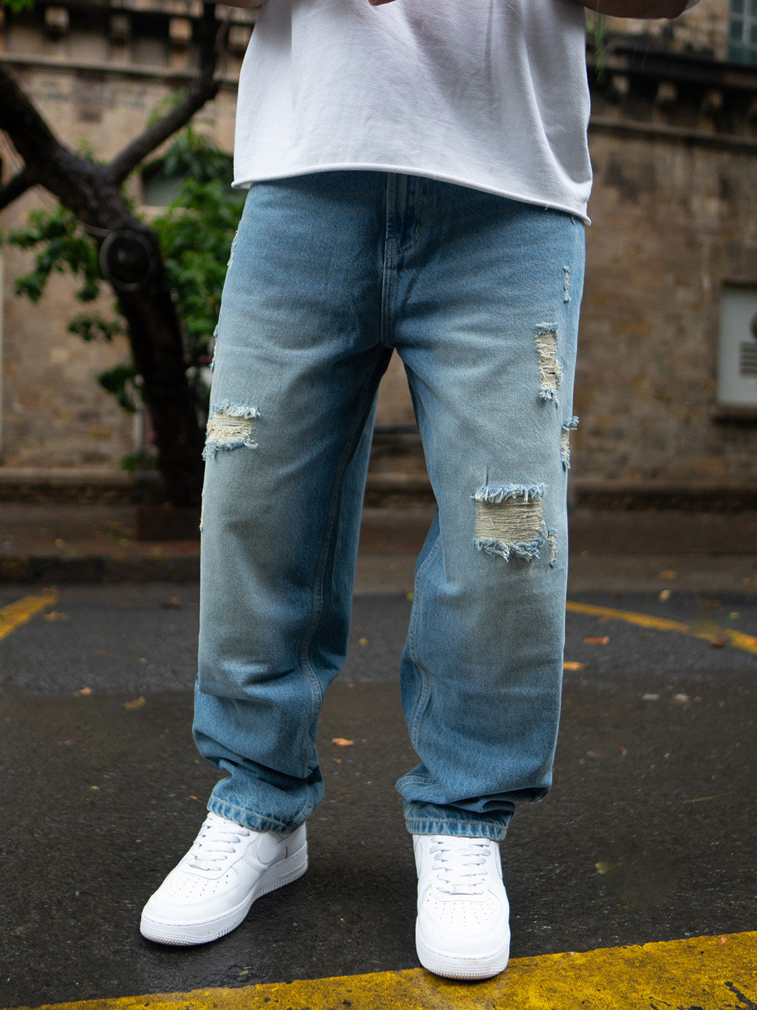 Powerlook Men Blue Baggy Ripped Relaxed Fit Jeans