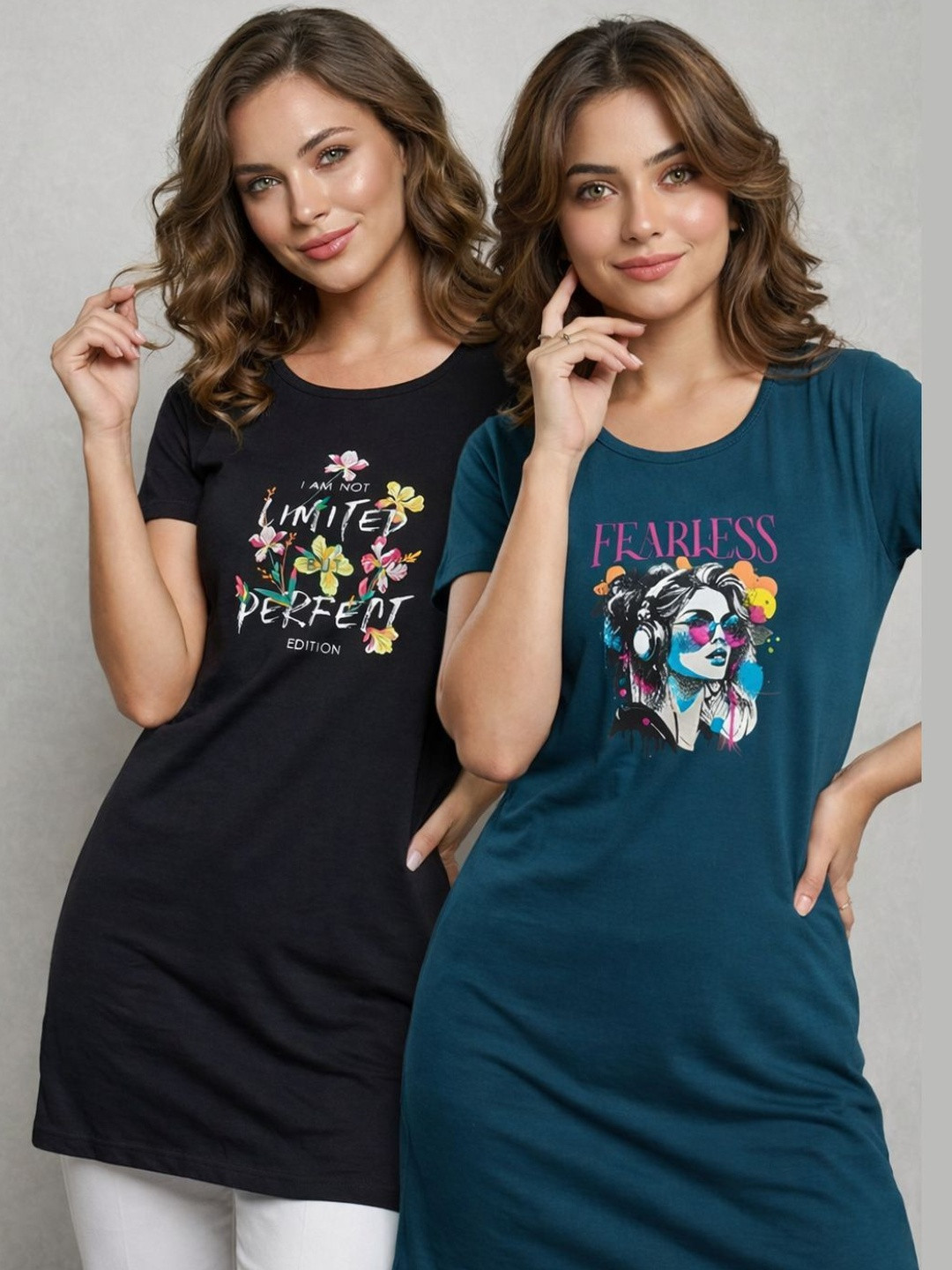 The Roadster Lifestyle Co Women Pack Of 2 Printed Lounge T-shirts
