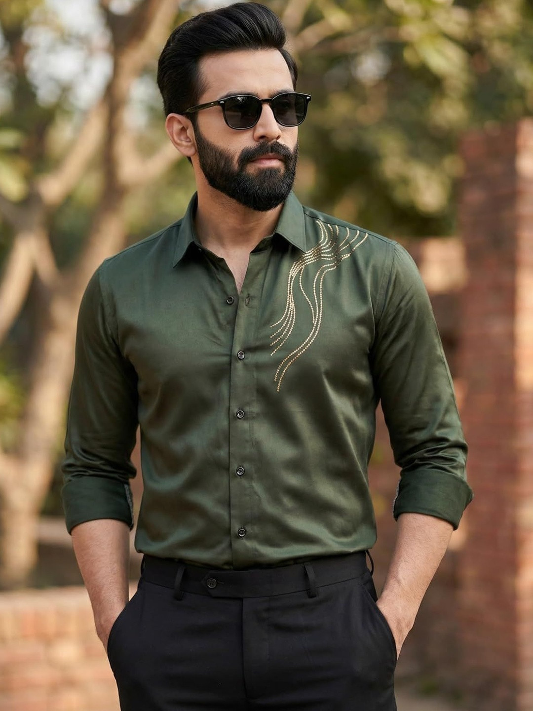 INDOPRIMO Men Olive Satin Casual Shirt