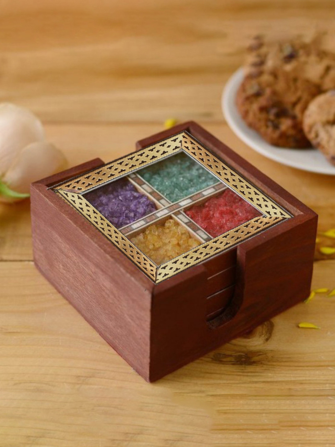 CRAFTAM Gems Stone and Wooden Tea Coasters for Dining Table - 4 pieces & 1 Holder Set
