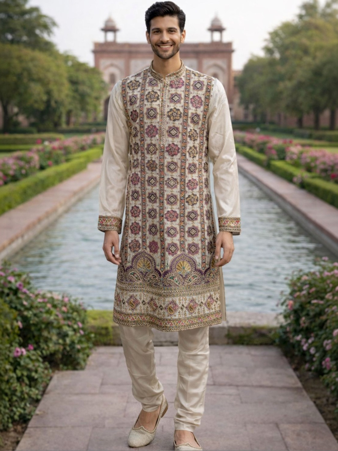 House of Pataudi Embroidered Mandarin Collar Kurta & Pyjamas