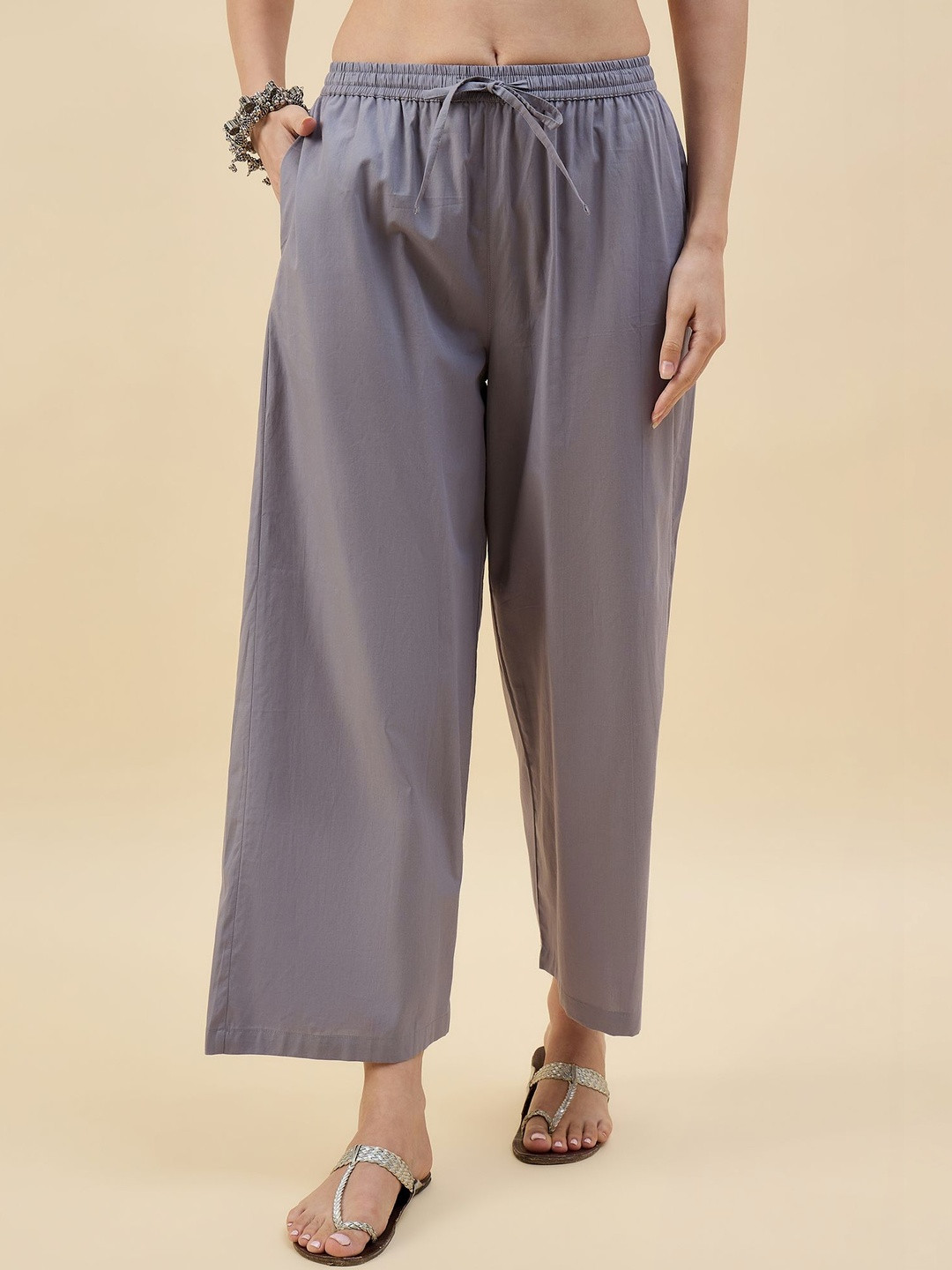 Keitra Women Elastic Waist Relaxed Fit Cotton Casual Palazzo Pants
