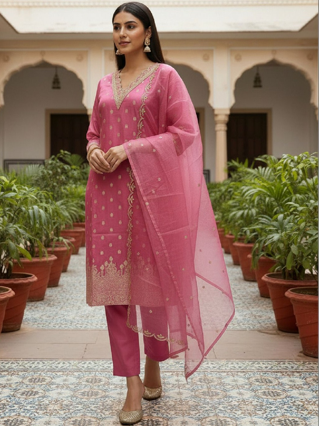 DWIJA FASHION Women Ethnic Motifs Embroidered Regular Thread Work Kurta with Trousers & With Dupatta