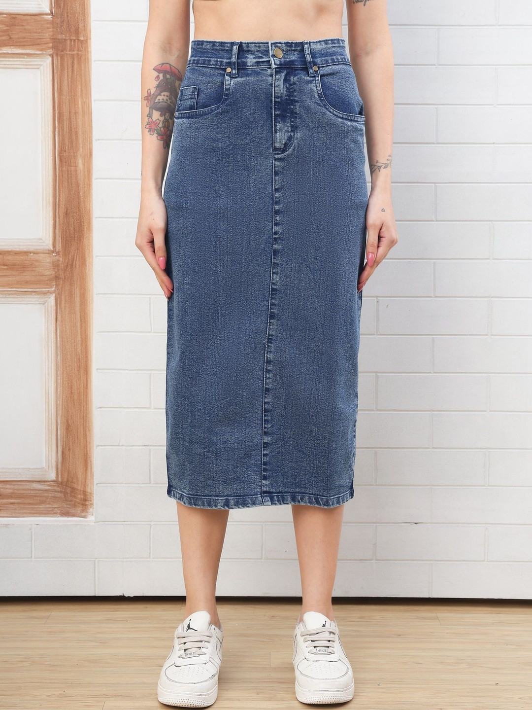 PUELLA Women Denim Midi Straight Skirt