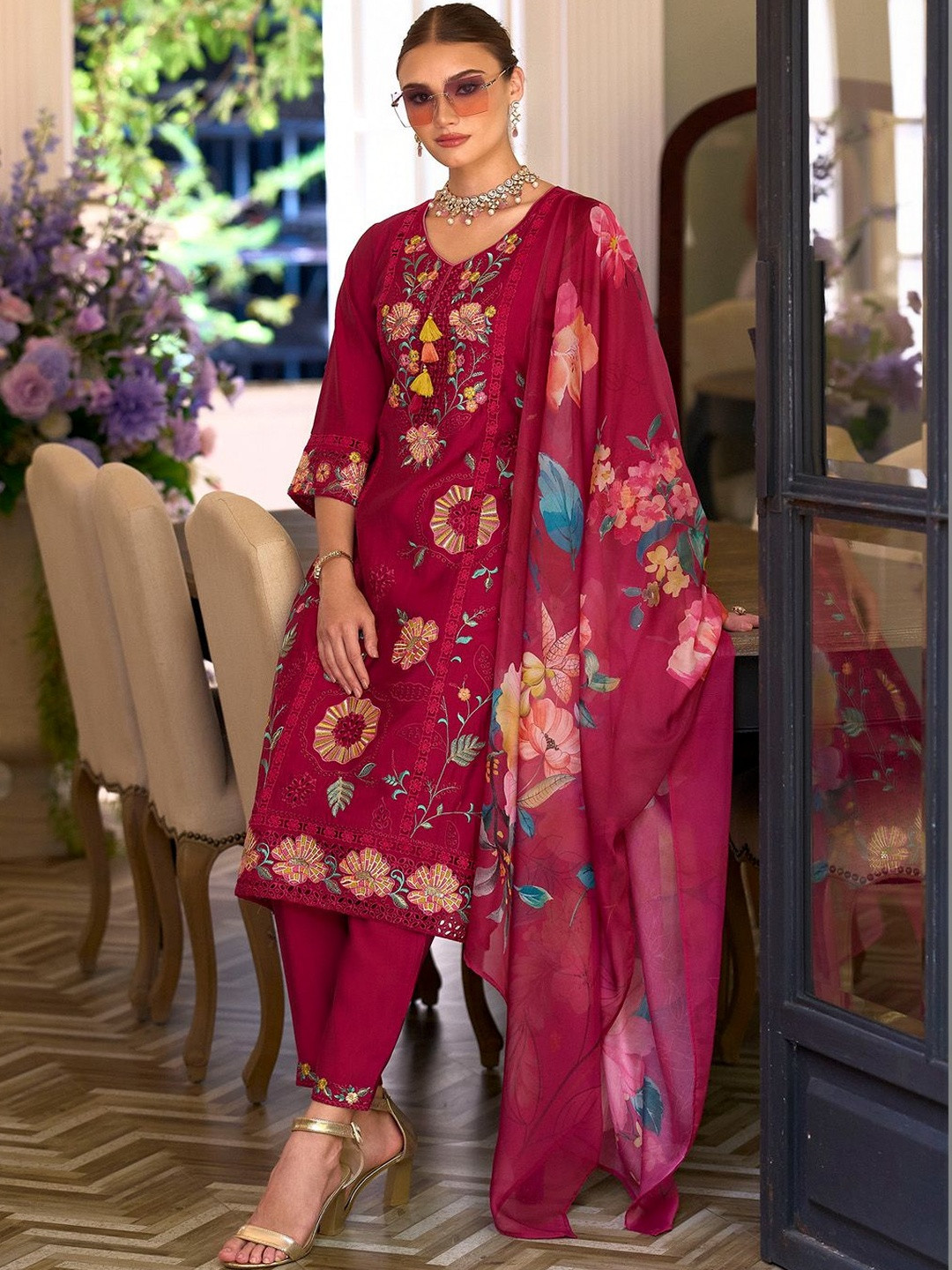 Indo Era Women Floral Embroidered Regular Thread Work Kurta with Trousers & With Dupatta