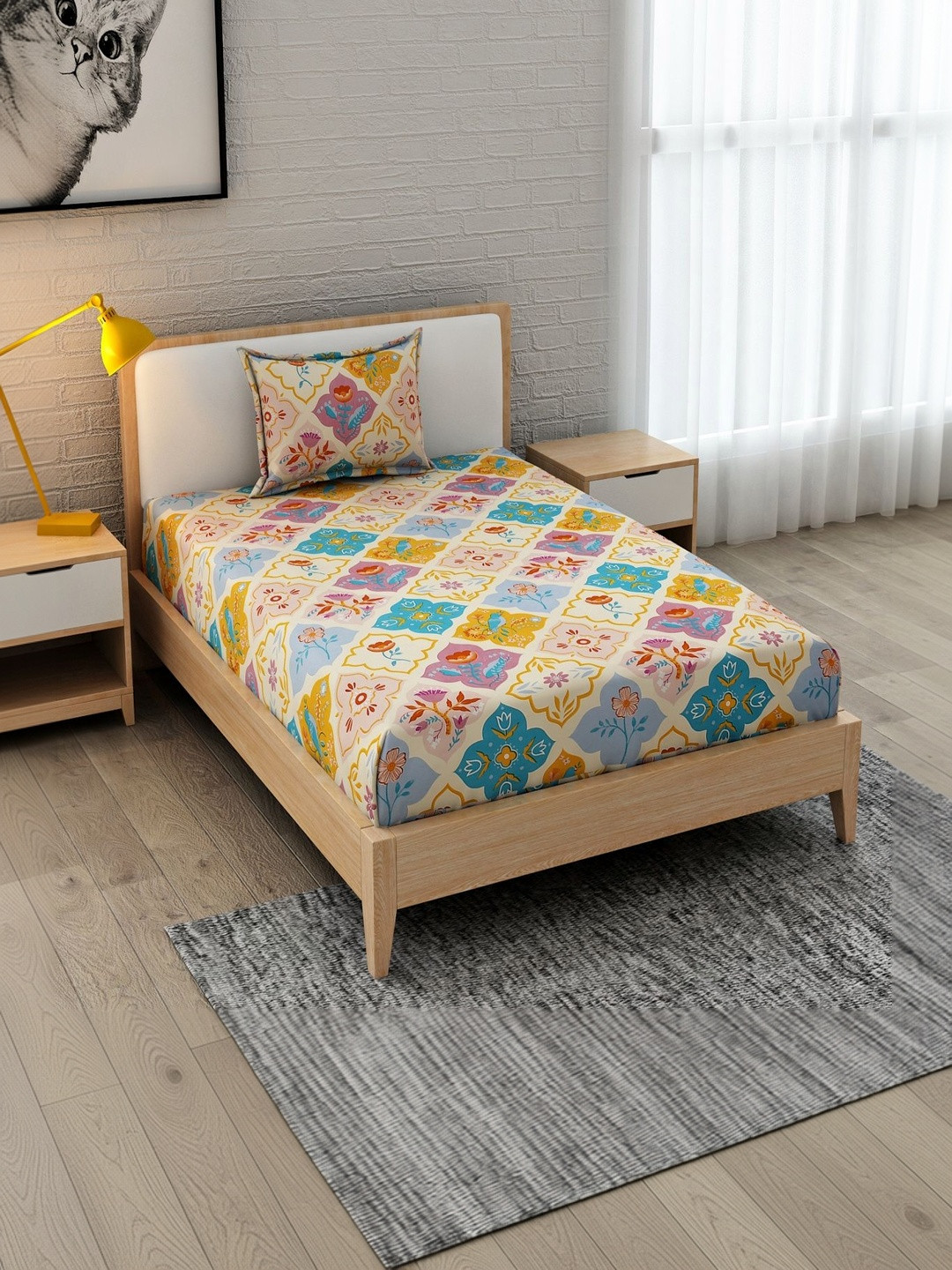 Homefab India Cream-Coloured & Yellow Geometric 210 TC Single Bedsheet with 1 Pillow Covers