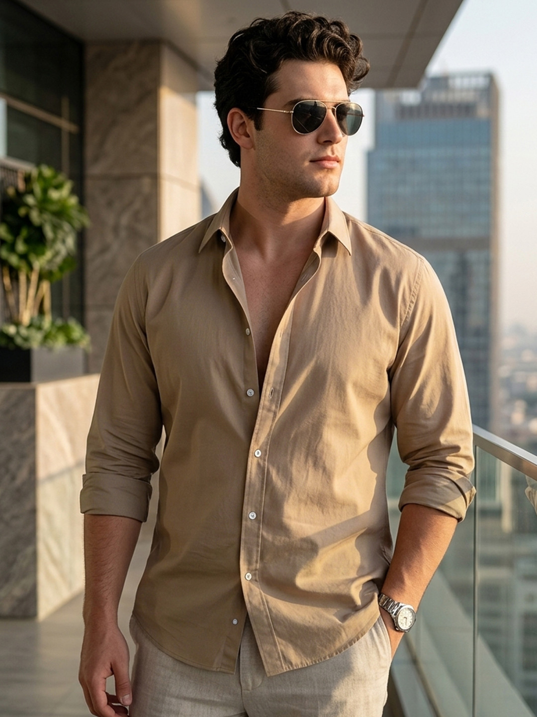 Urbano Fashion Men's Light Brown Cotton Full Sleeve Regular Fit Casual Solid Shirt