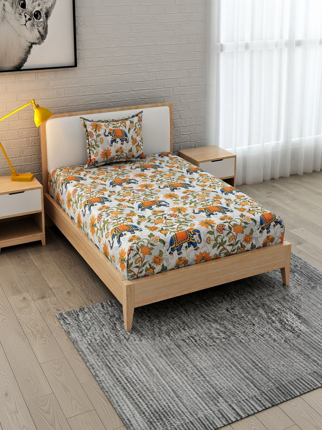 Homefab India White & Orange Ethnic Motifs 210 TC Single Bedsheet with 1 Pillow Covers