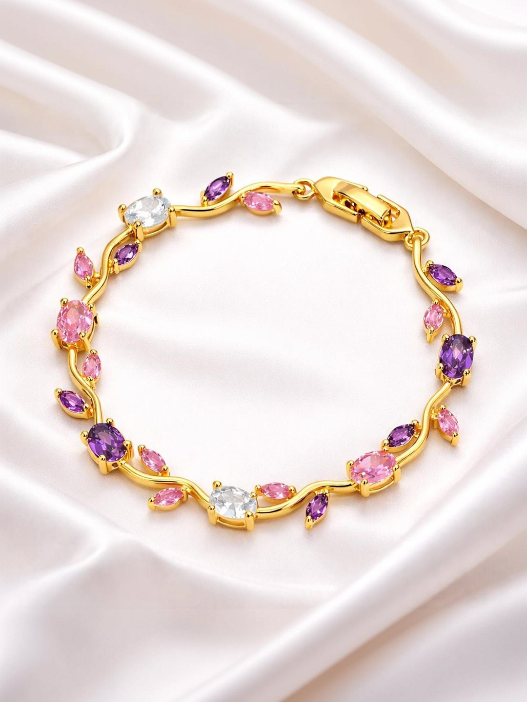 Inites Anti Tarnish Multi Crystal Stones Floral Tulip Bracelet