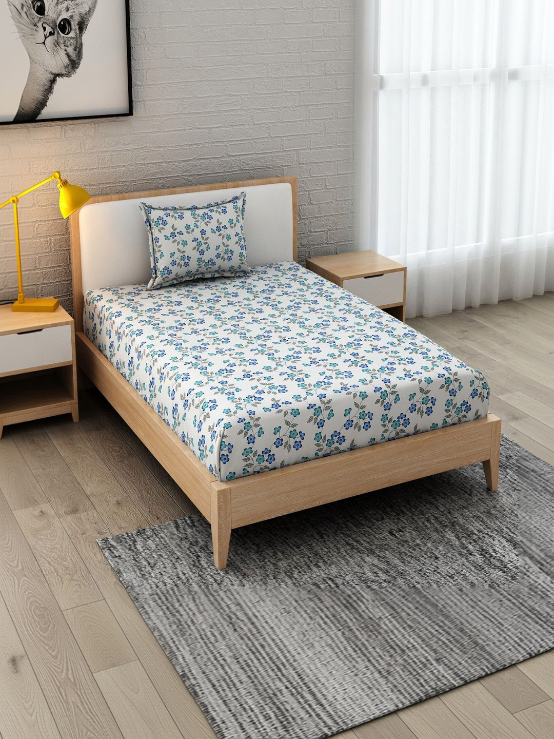Homefab India White & White Floral 210 TC Single Bedsheet with 1 Pillow Covers