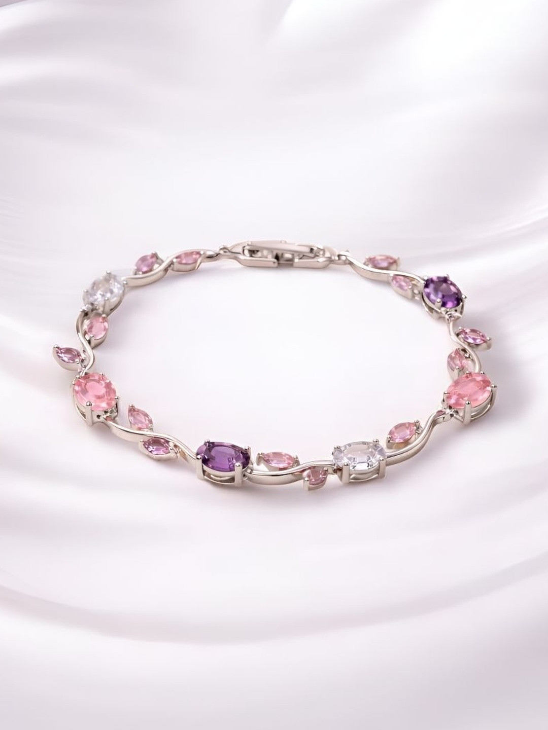 Inites Silver Anti Tarnish Floral Multi Crystal Stones Tulip Bracelet
