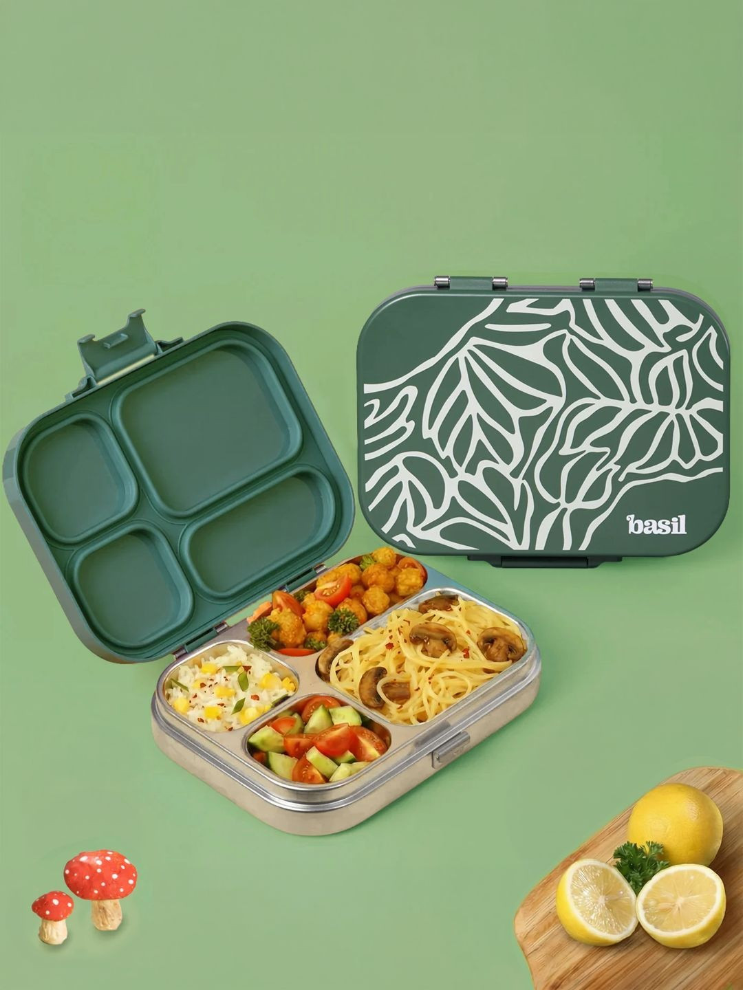 BASIL Emerald Moss Stainless steel 4 compartment lunch box 800ml