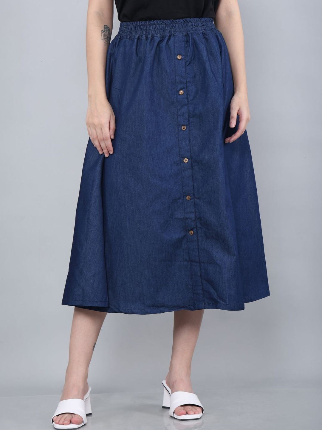 Codaisy Women Denim Washed Midi A-Line Skirt