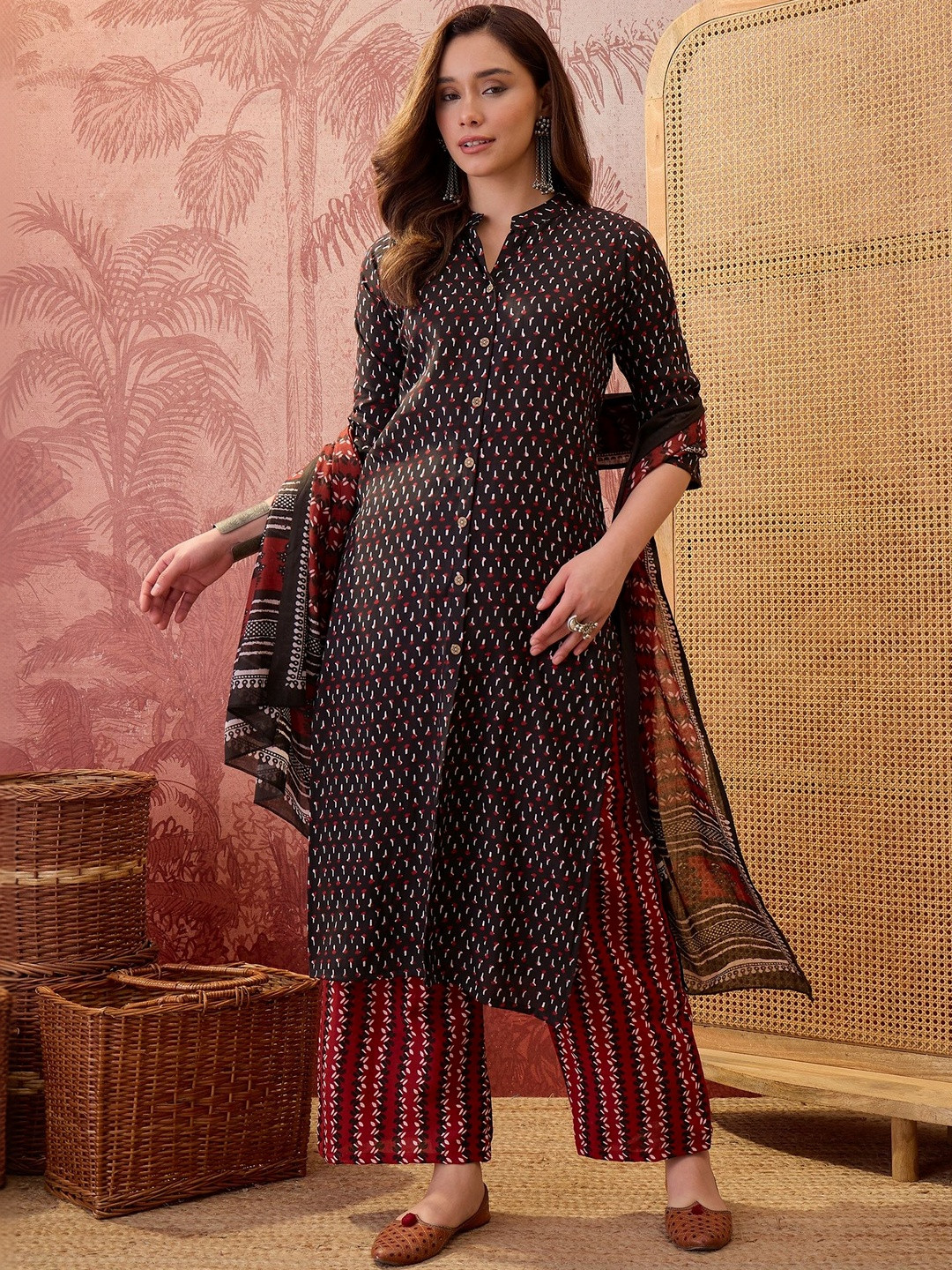 Sangria Printed Pure Cotton Mandarin Collar Kurta & Trousers With Dupatta