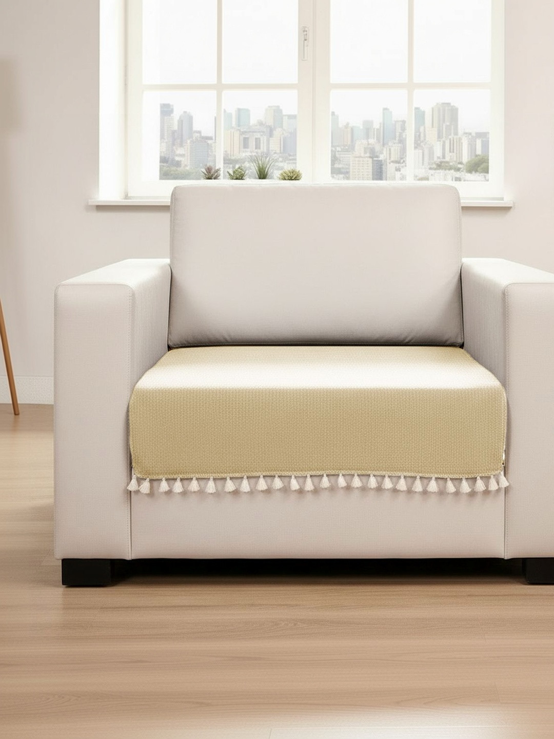 HOMEMONDE Beige Solid 1 Piece Chenille Sofa Cover