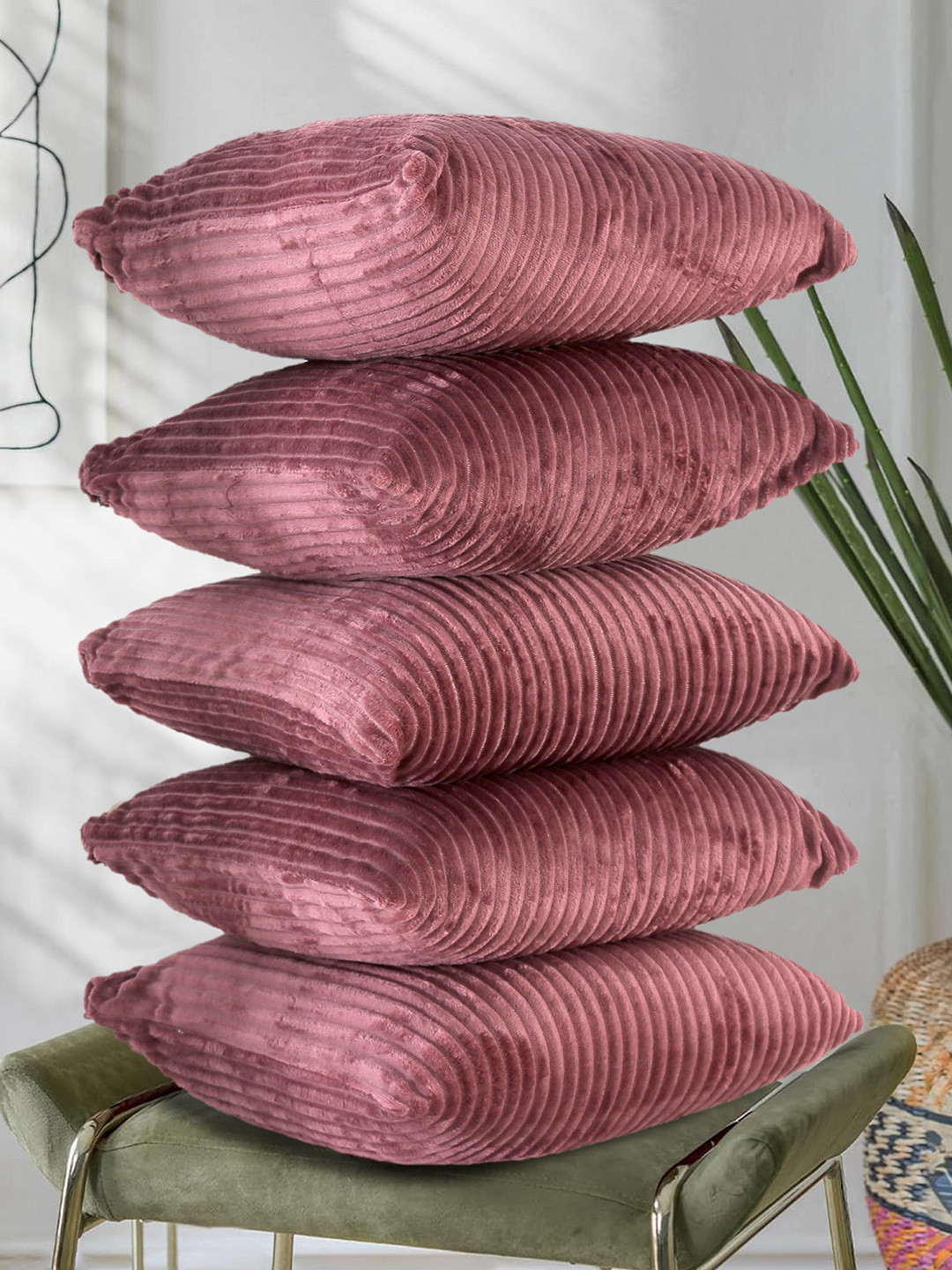 RD TREND Wine Striped Soft Corduroy 5Pcs Textured Square Cushion Covers -18x18In