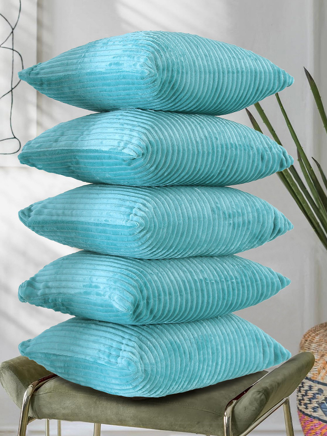 RD TREND Aqua Striped Soft Corduroy 5Pcs Textured Square Cushion Covers -24x24In
