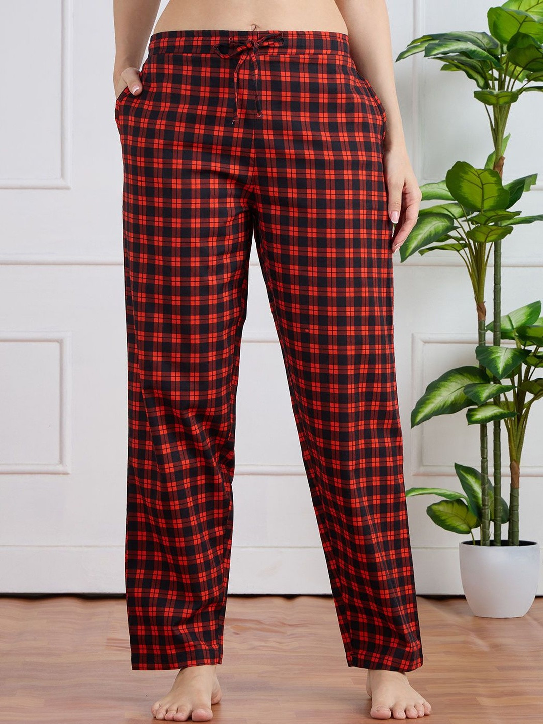 ETC Checked Cotton Mid-Rise Straight Lounge Pants