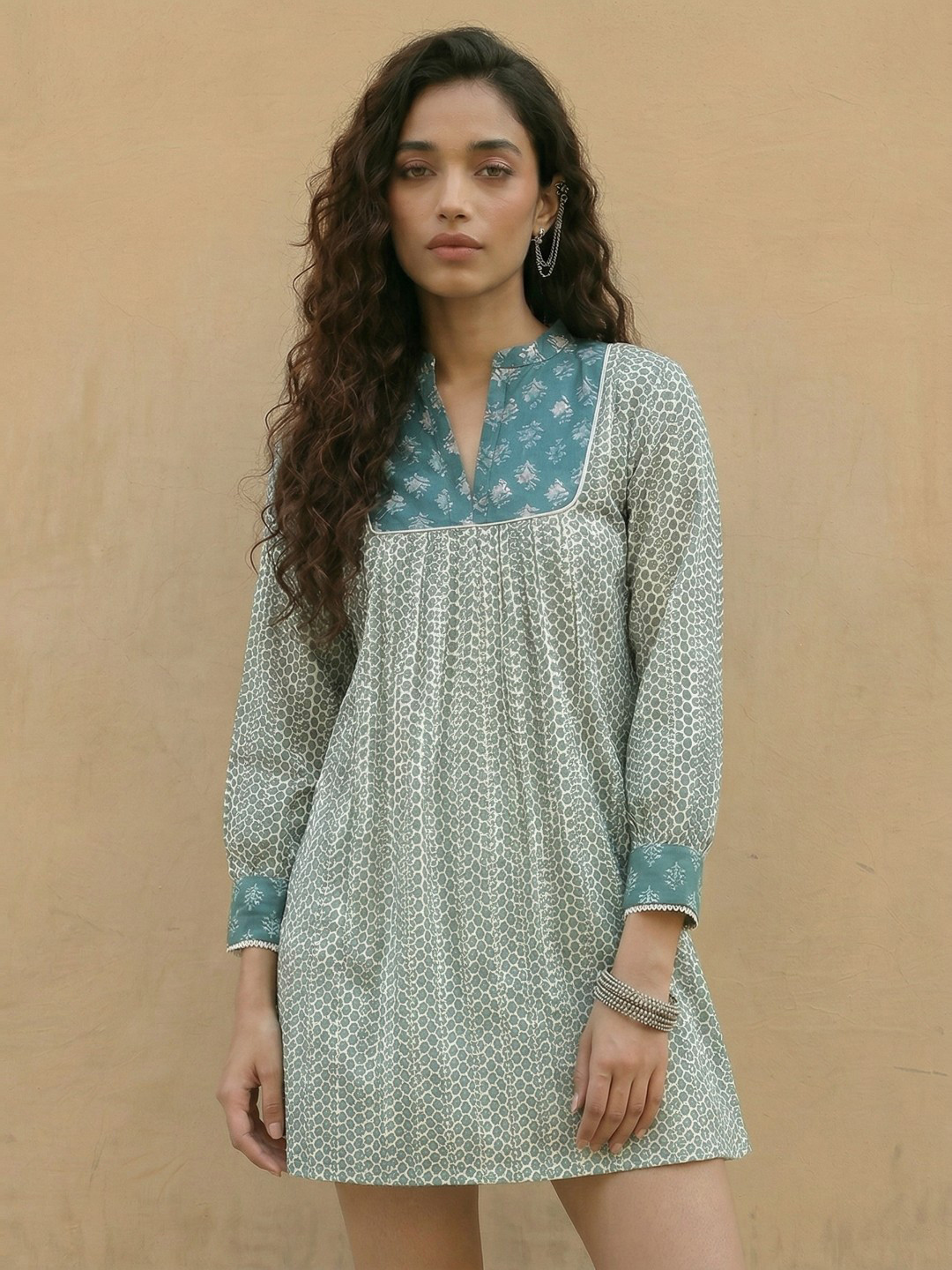 Teal and White Geometric A-Line Dress with Mandarin Collar