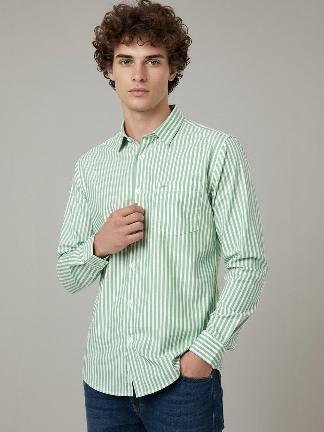 Green Vertical Stripes Regular Fit Casual Shirt