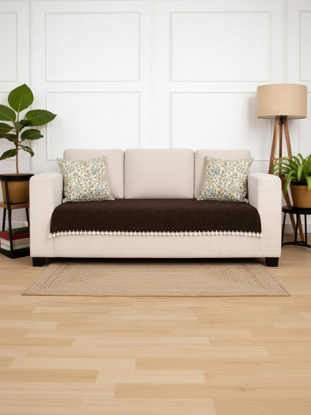 HOMEMONDE Brown Solid 1 Piece Chenille Sofa Cover