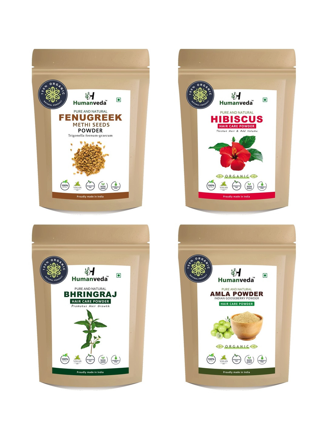 HUMANVEDA Set Of 4 Fenugreek, Hibiscus, Bhringraj & Amla Powder - 100 g Each