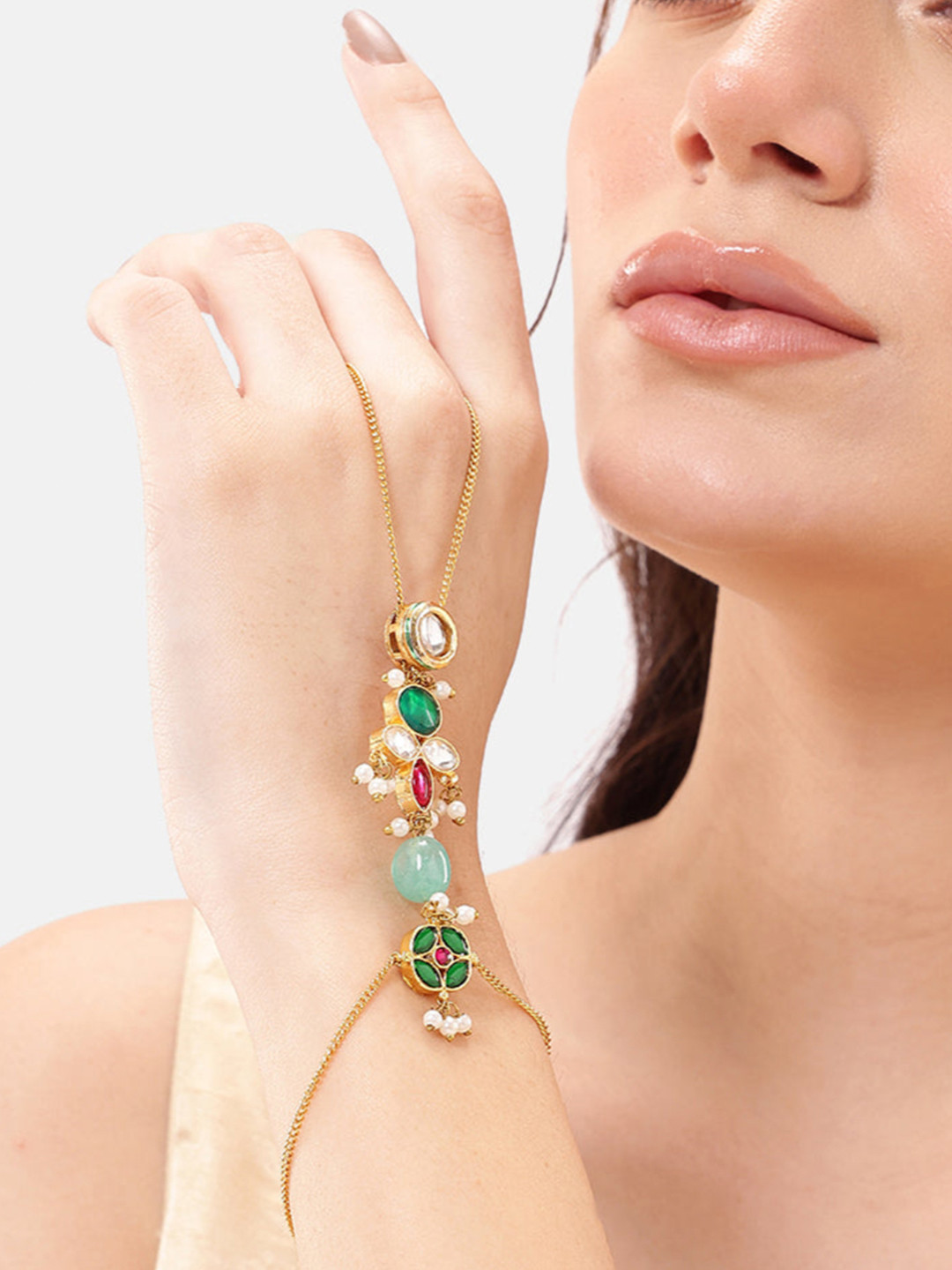 Nuyug Women Gold-Plated Brass Hathphool Bracelet