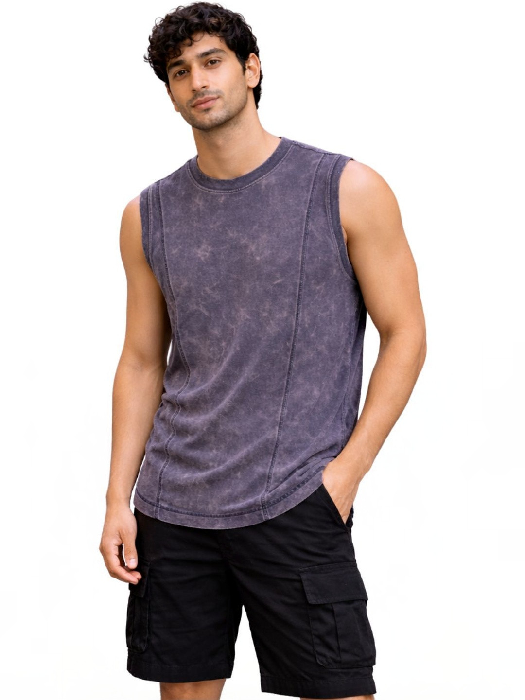 IZF Men Grey Cotton Sleeveless T-Shirt with Acid Wash Effect