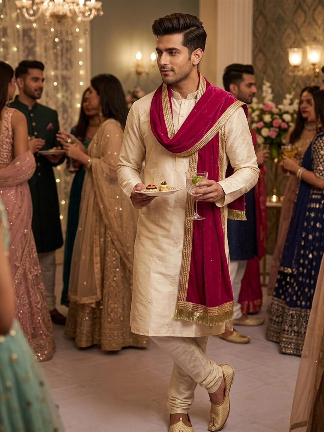 Navti Creations Men Pink Dyed Velvet Dupatta with Beads and Stones