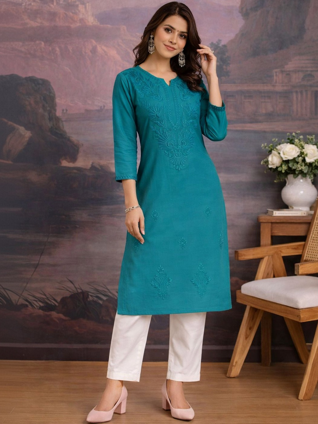 House of Pataudi Embroidered Round Neck Knee Length Straight Kurtas