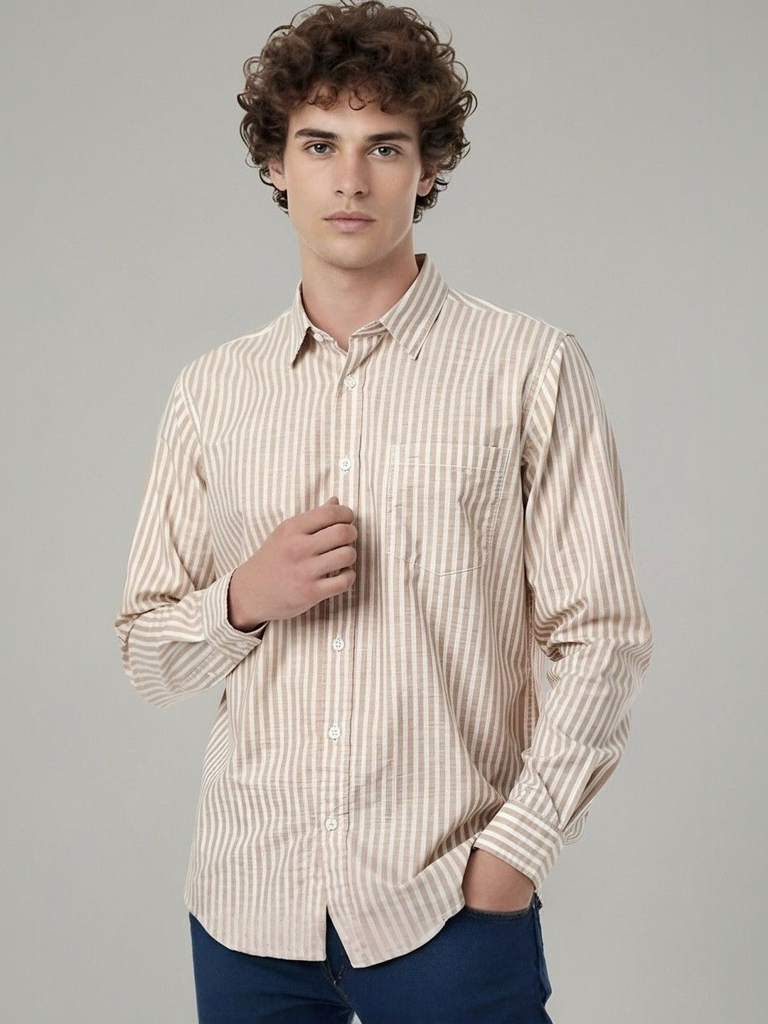 Cream Vertical Stripes Regular Fit Casual Shirt