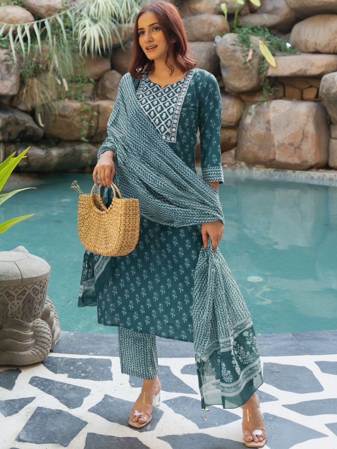 KALINI Women Floral Printed Regular Mirror Work Pure Cotton Kurta with Trousers & With Dupatta